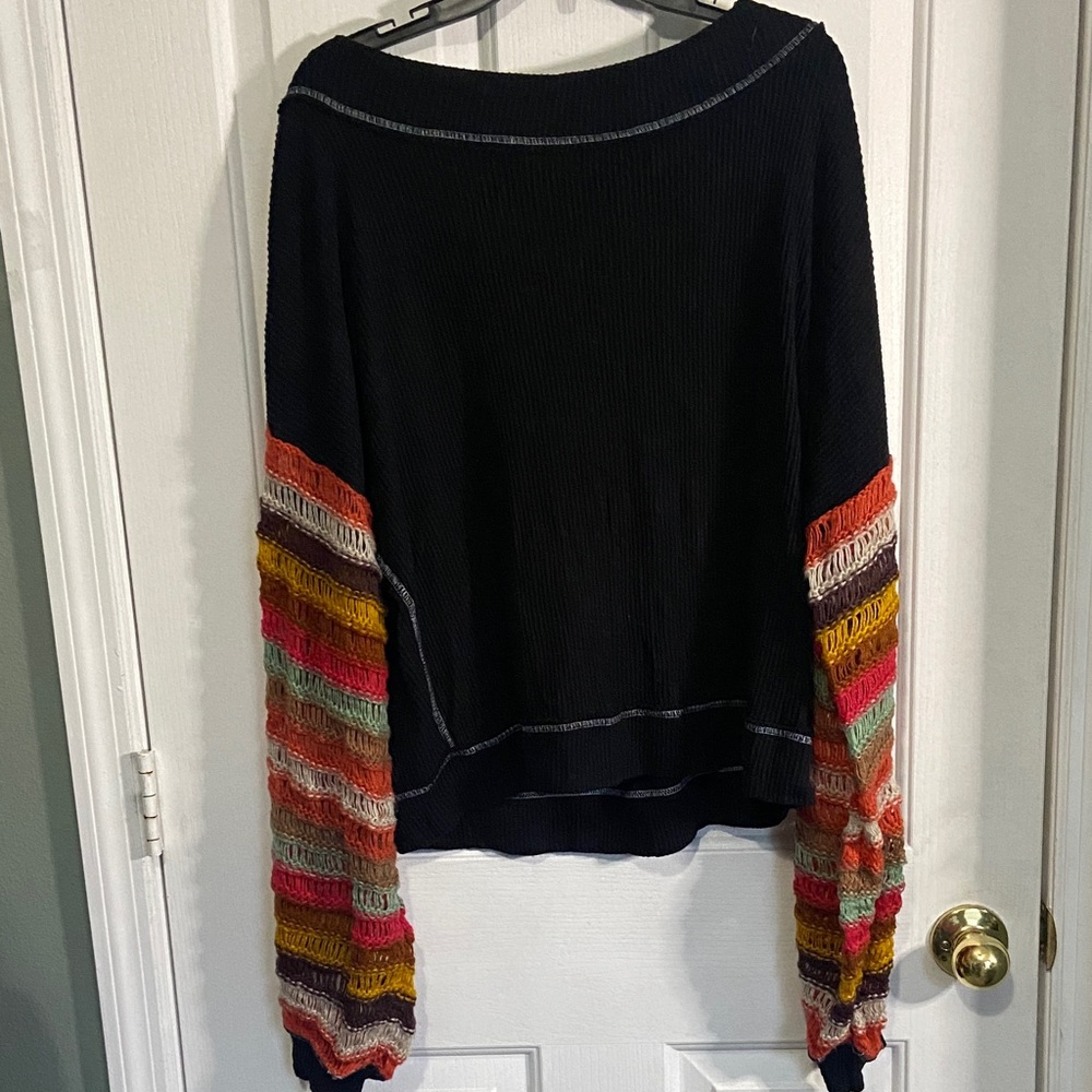 Off-the-Shoulder Black Sweater with Multicolor Stripe Sleeves